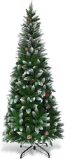 5Ft Snow Flocked Christmas Tree, Artificial Pencil Christmas Tree with Pine Cone