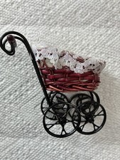 Rare Antique Style Wicker And Metal Baby Doll Carriage Silk Interior