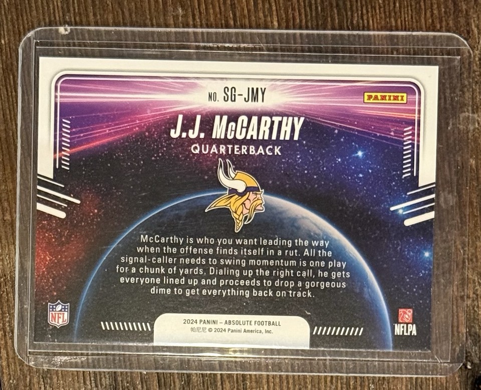 2024 Panini Absolute JJ McCarthy Rookie Card - Star Gazing #SG-JMY, Minnesota Vikings Football Card
