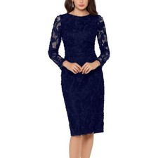 NWT Xscape Womens Navy Lace Soutache Sheer Long Sleeve Sheath Dress Size 6