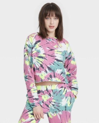 Women s Tie Dye Cropped Fleece Lounge Sweatshirt - Colsie. Size M. Pink. NWT.