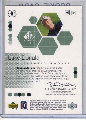 2002 UD SP Authentic golf Luke Donald Authentic RC Rookie /2999 auto card #96 - Picture 2 of 2