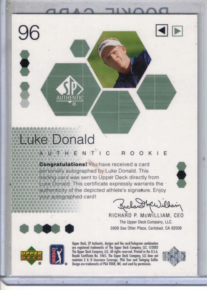 2002 UD SP Authentic golf Luke Donald Authentic RC Rookie /2999 auto card #96 - Image 2 of 2