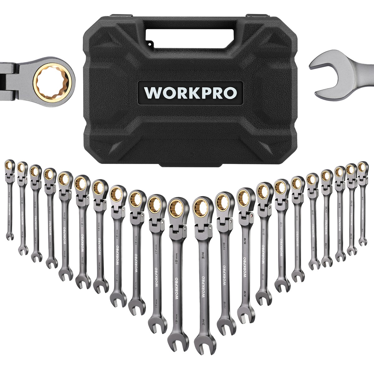 WORKPRO 22PCS Flex-Head Ratcheting Combination Wrench Metric 6