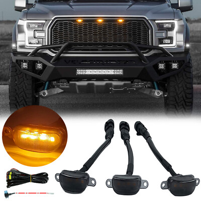 3 Pieces Car Led Grille Lights, Fit For 2004-2019 Ford F150 F250 F350 Raptor2013 2018 Dodge Ram 1500 Front Grill Yellow Lens Led
