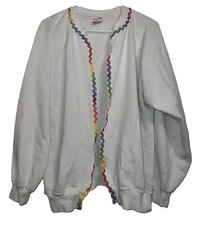 Vintage women’s XL Hanes Active Made in USA white open cardigan rainbow ric rac