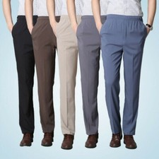 Mens Stretch Straight Leg Pants Elastic Waist Trousers Bottoms Smart Casual
