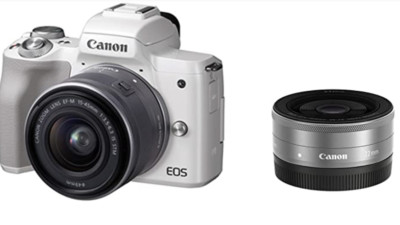 USED Canon EOS Kiss M double lens kit EF M 22mm + 15-45mm WHITE FREESHIPPING