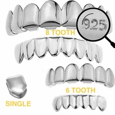 Real 925 Sterling Silver - GRILLZ Top Bottom Hip Hop Grills 6 8 Or Single Teeth