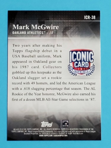 2019 Topps Iconic Card Reprints Mark McGwire Oakland Athletics A's #ICR-38 - Picture 2 of 2