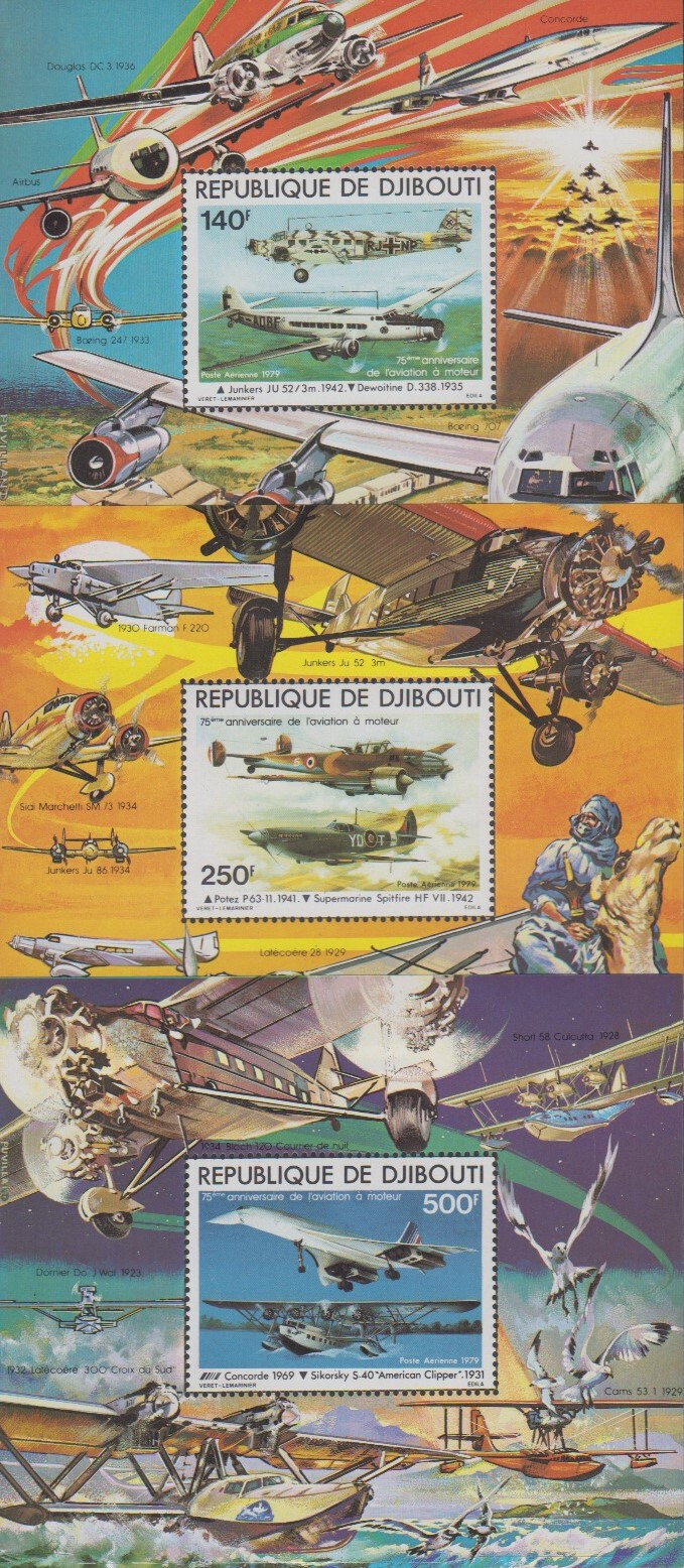 Djibouti MNH Sc 124-26   S/S Mi Bk 6-8 Value  25 Euro  Airplanes