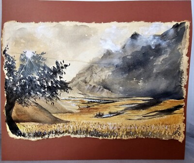 New Landscape Watercolor Painting 'A Far Away Place' On Burnt Edge Parchment