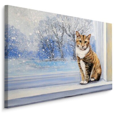 CANVAS Leinwand Bilder XXL KATZE Landschaft Winter Schnee Gemälde 1537