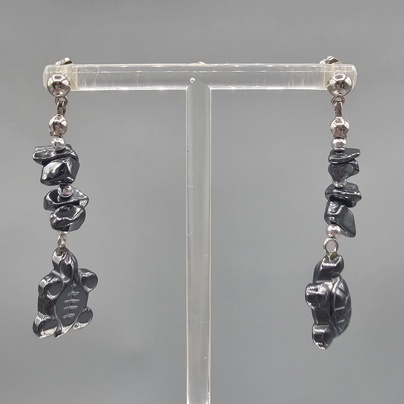 Hematite Turtle Earrings Beaded Dangle Pierced Ea… - image 5
