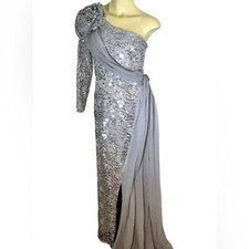 Elegant 80  s Style Silver Sequin One Shoulder Evening Gown Chiffon  Rose M
