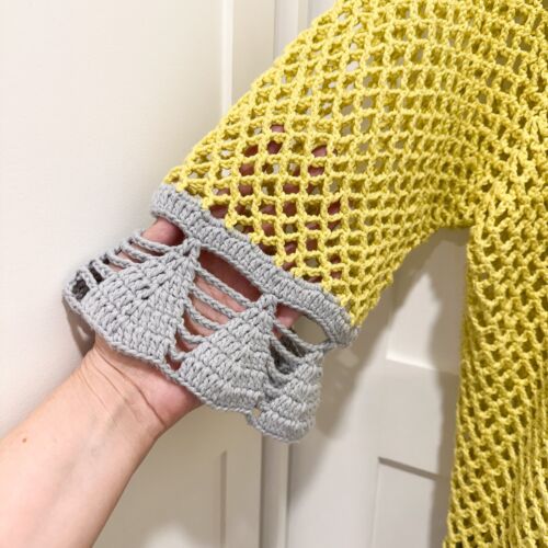 Vtg Rico Cardigan Medium Yellow Grey Open Knit Ruffle 100% Cotton Cottagecore - Picture 3 of 8