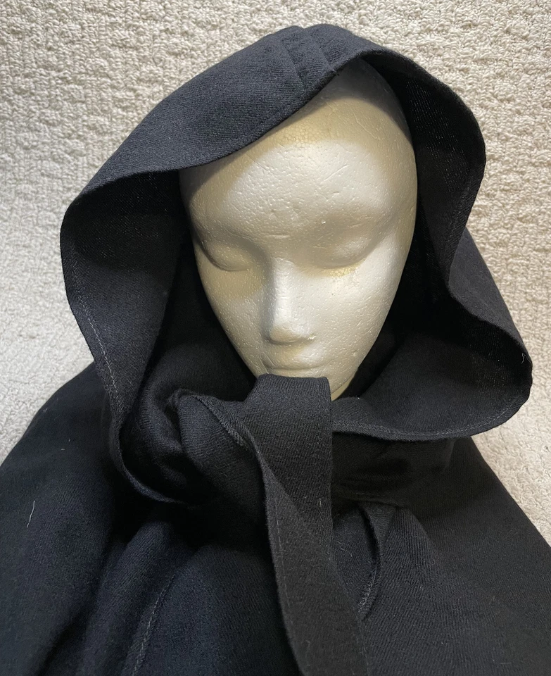 Capa victoriana vintage Woodward & Lothrop lana negra M ala de murciélago corbata capucha Foto 3 de 4