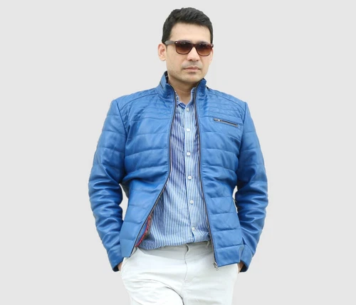 Terenzio Puffer Ribbed Quilted Blue Real Lambskin Men's Colorado Leather Jacket - product listing photo