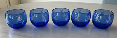 5 Hazel Atlas WINDMILLS Cobalt Blue 5-Ounce 2 1/2  Roly Poly Glasses Tumblers