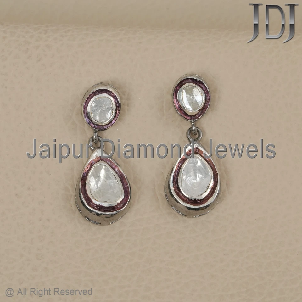 Natural Rosecut Polki Diamond 925 Sterling Silver Handmade Jewelry Earring - Image 2 of 4