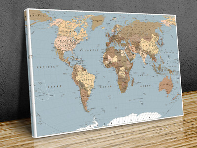 Classic World map countries capitals mounted canvas print ready to hang