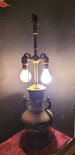 Vintage Asian Bronze Champleve Cloisonne 2 Lighted Lamp-Works - Picture 5 of 10
