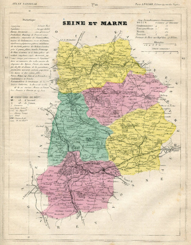 Genuine Original Antique 1877 France Hand Colored Map SEINE ET