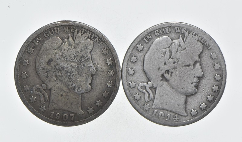 1892-1915 Lot 2 1907-D 1914-S Barber 90% Half Dollars - Coin Collection *065