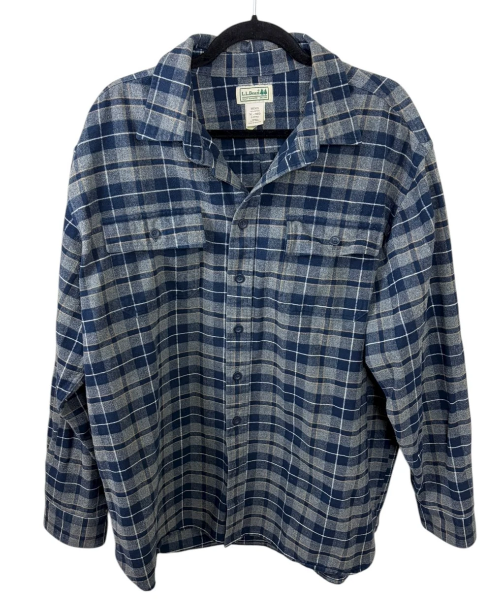 L.L. Bean Navy Grey Plaid Flannel Button Front Shirt Outdoors Size XL