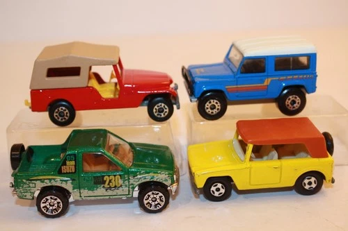4 Vintage Matchbox 1960s-1990s Cars FIELD / JEEP CJ6 / LAND ROVER / ISUZU AMIGO
