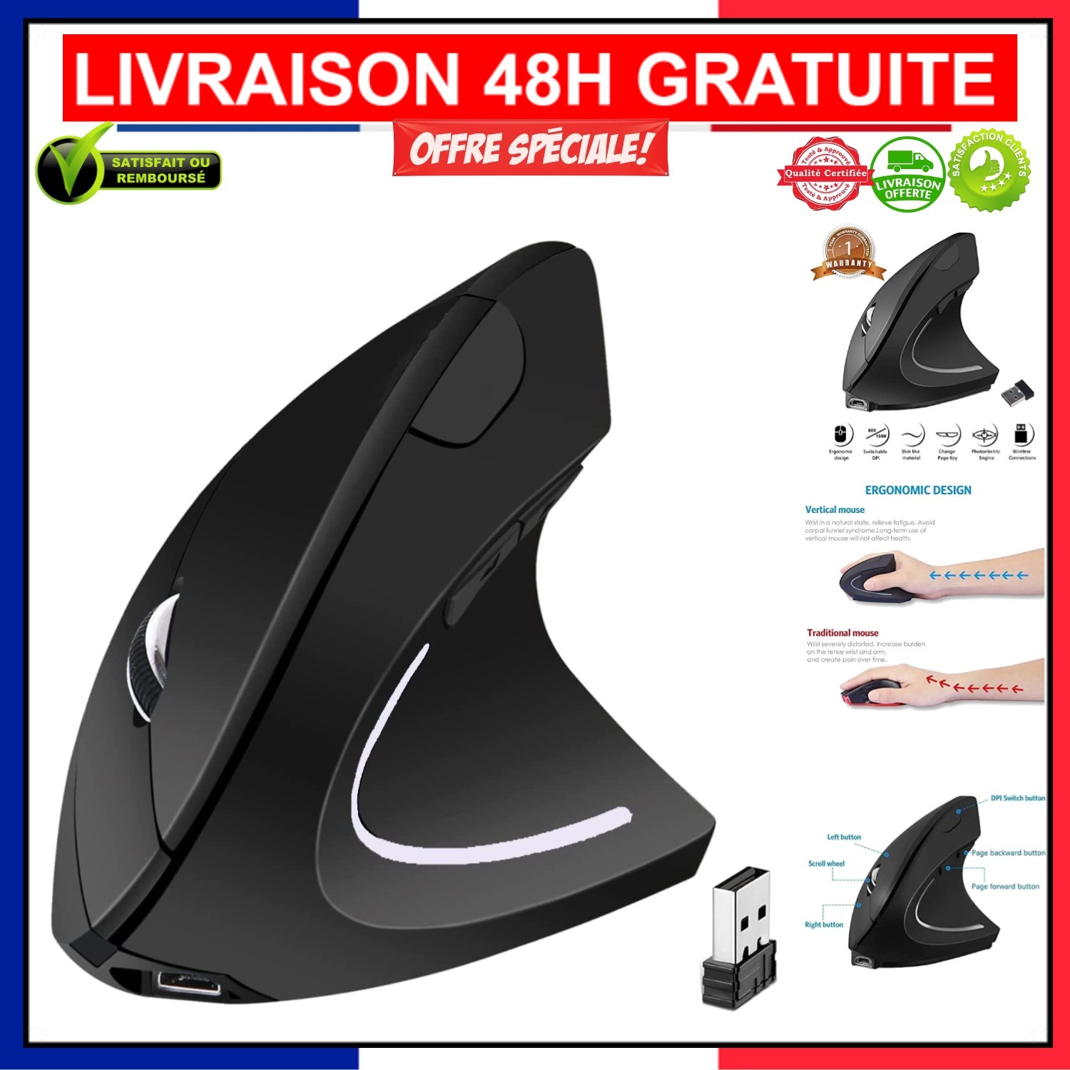 Souris Ergonomique Sans Fil pour le télétravail | Précision 1600 DPI Universelle
