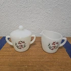 Fire King Cream & Sugar Bowl w/ Lid Set Honeysuckle Milk Glass 1960s Vintage MCM