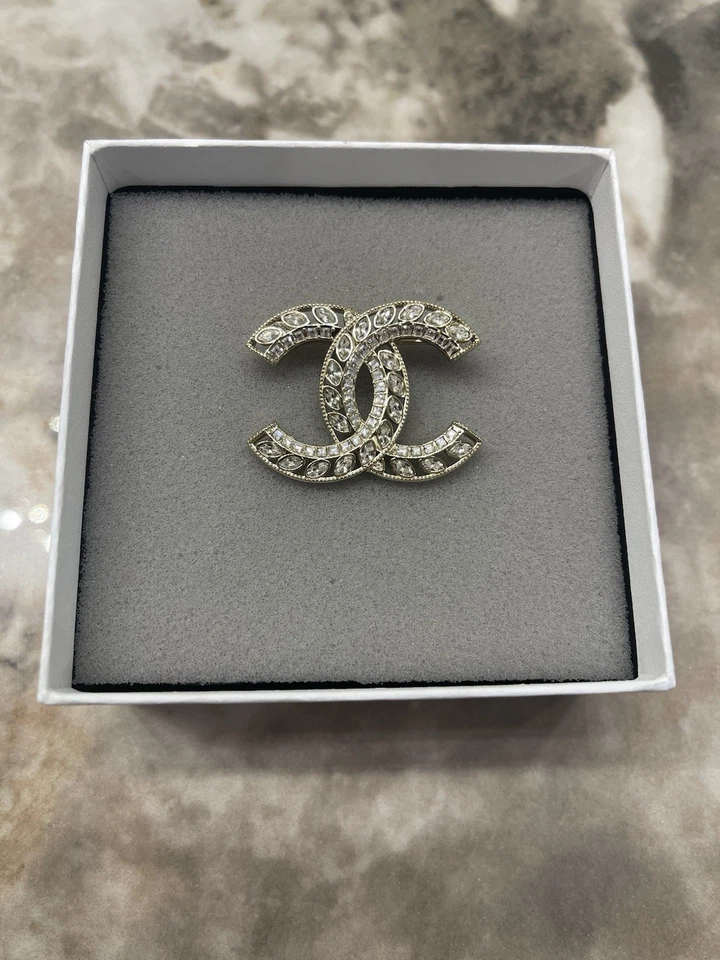 CHANEL Authentic Classic All Crystal CC Logo Brooch Pin Silver Tone with Box - Image 4 of 4