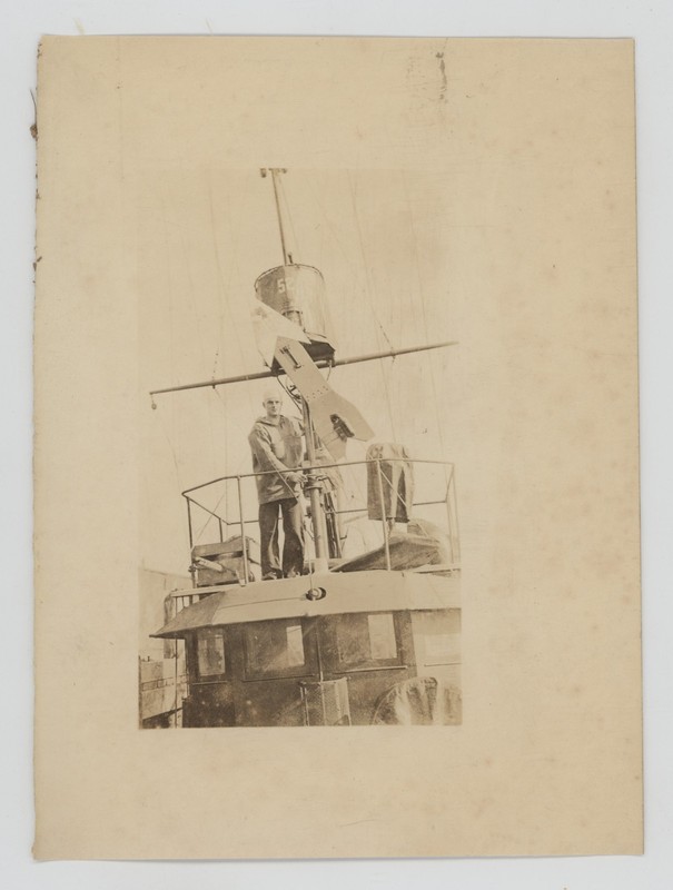 Vintage 1910-20s US Navy Sailor on Sub Chaser Ship Using Indicator Arrow Photo