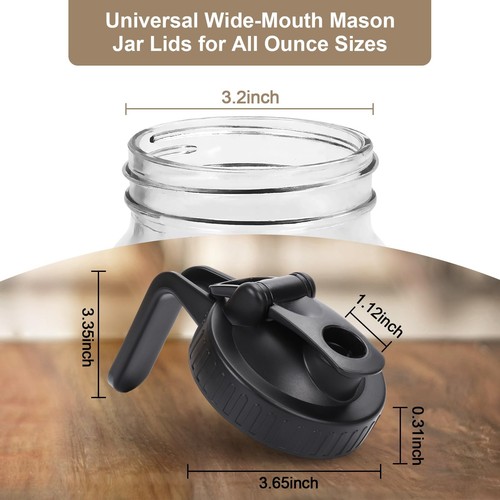Wide Mouth Mason Jar Pour Spout Lid - 4 Pack Black Airtight Flip Cap Lids Lid... - Picture 2 of 6