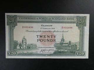 1958 CLYDESDALE & NORTH OF SCOTLAND BANK £20 BANKNOTE ORIGINAL aVF