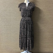 Roan + Ryan Emberly Dress Womens S Black Tan Mesh Short Flutter Sleeve Midi