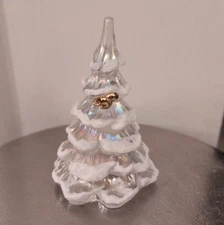 Fenton Iridescent Glass 6 1/4” Flocked Christmas Tree W/ Squirrel Sticker EUC