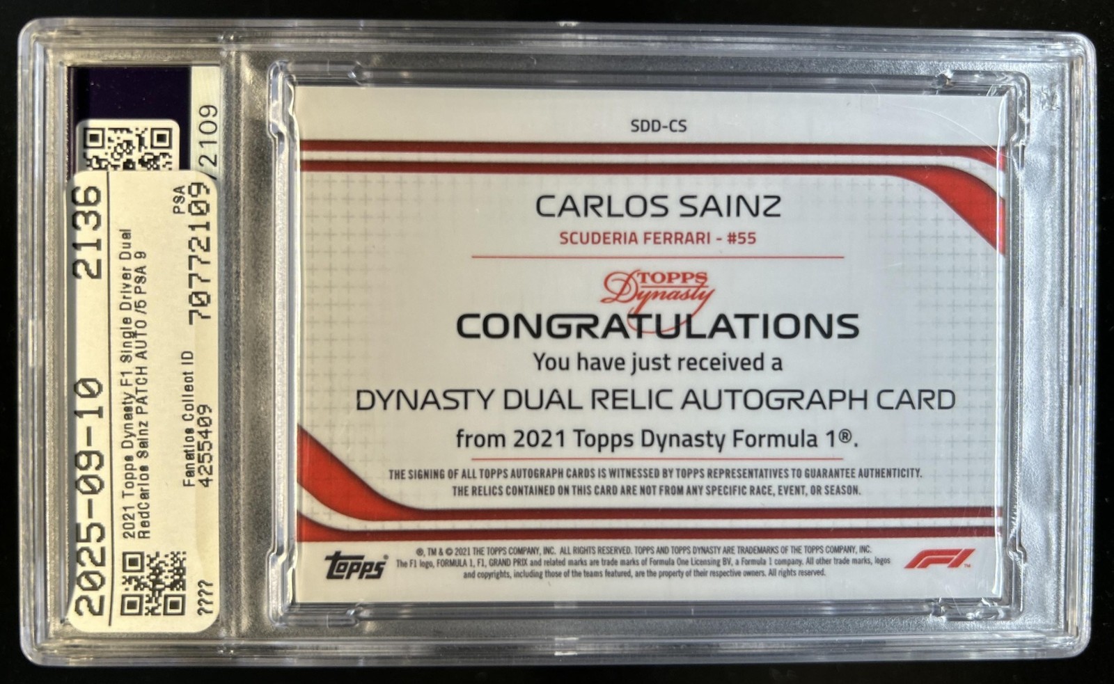 2021 Topps Dynasty F1 Carlos Sainz Single Driver Dual Relic Auto Red #/5 PSA 9 view 2
