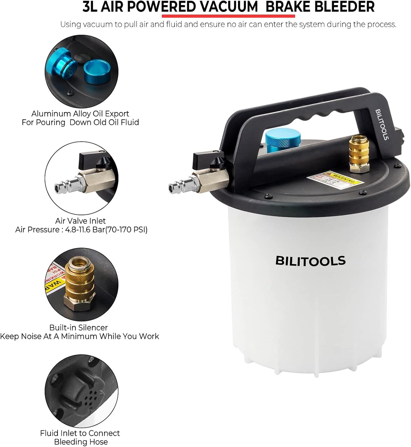 BILITOOLS 3L Brake Bleeder Kit – Pneumatic Vacuum Pump, One-Man Brake ...