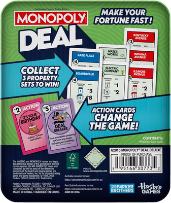 monopoly deal card sleeves Game in Collectible Storage Tin | Ages 8+ | 2-5 Players | 15 Be the first to collect 3 full property sets of different colors Ryker | Compatible with Monopoly
