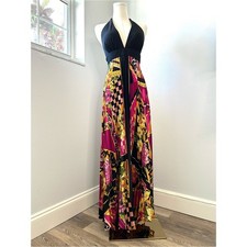 Cache Vintage Y2K Black Pink Satin Pleated Scarf Print Halter Maxi Dress Small