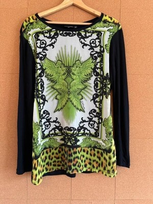 Just Cavalli Top Small Langarm schwarz grün Animalprint auffälliges Netz vorne