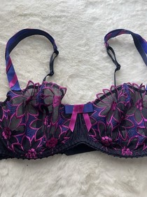 Aubade Paris Underwired Sheer Mesh Floral Embroidered Balconette Bra 34C Navy