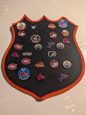 NHL Hockey Logo Felt Shield W/ 24 Team Pins Edmonton, Nordiques and Many More!!