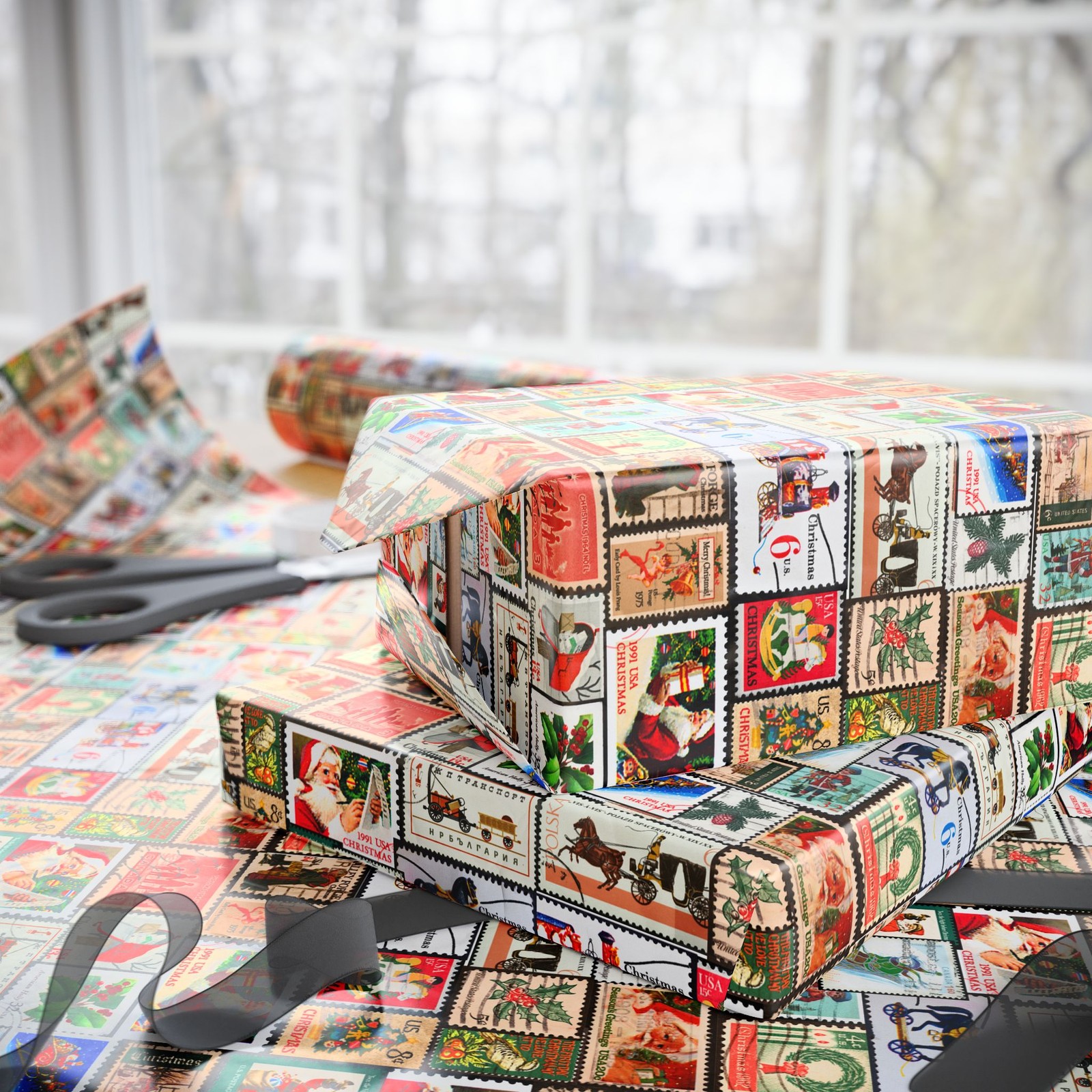 Retro Christmas US Postage Stamps Wrapping Paper - Gift Wrap with Classic Stamps