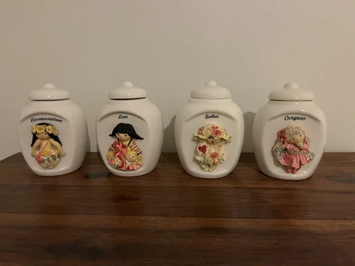 13 Herb Girl Spice Jars By Tjitski Van Nus-Dutch Artist-Handmade Vintage-GEMAAKT