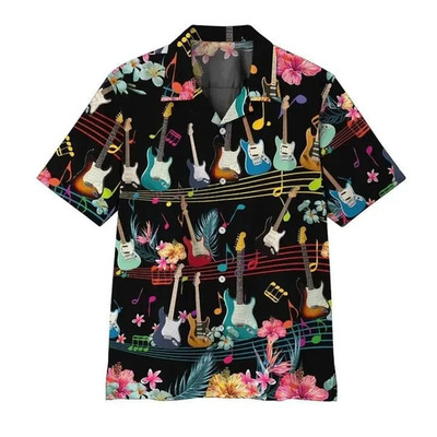 Electric Guitar On Music Stave And Notes Black Trendy Hawaiian Shirt