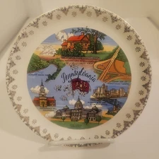 Ebrink 1960's Pennsylvania Souvenir Plate 7.25" Gold Rim
