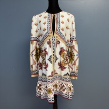 Farm Rio Off-White Marys Tiles Linen Blend Mini Dress Small Boho Hippie Festival